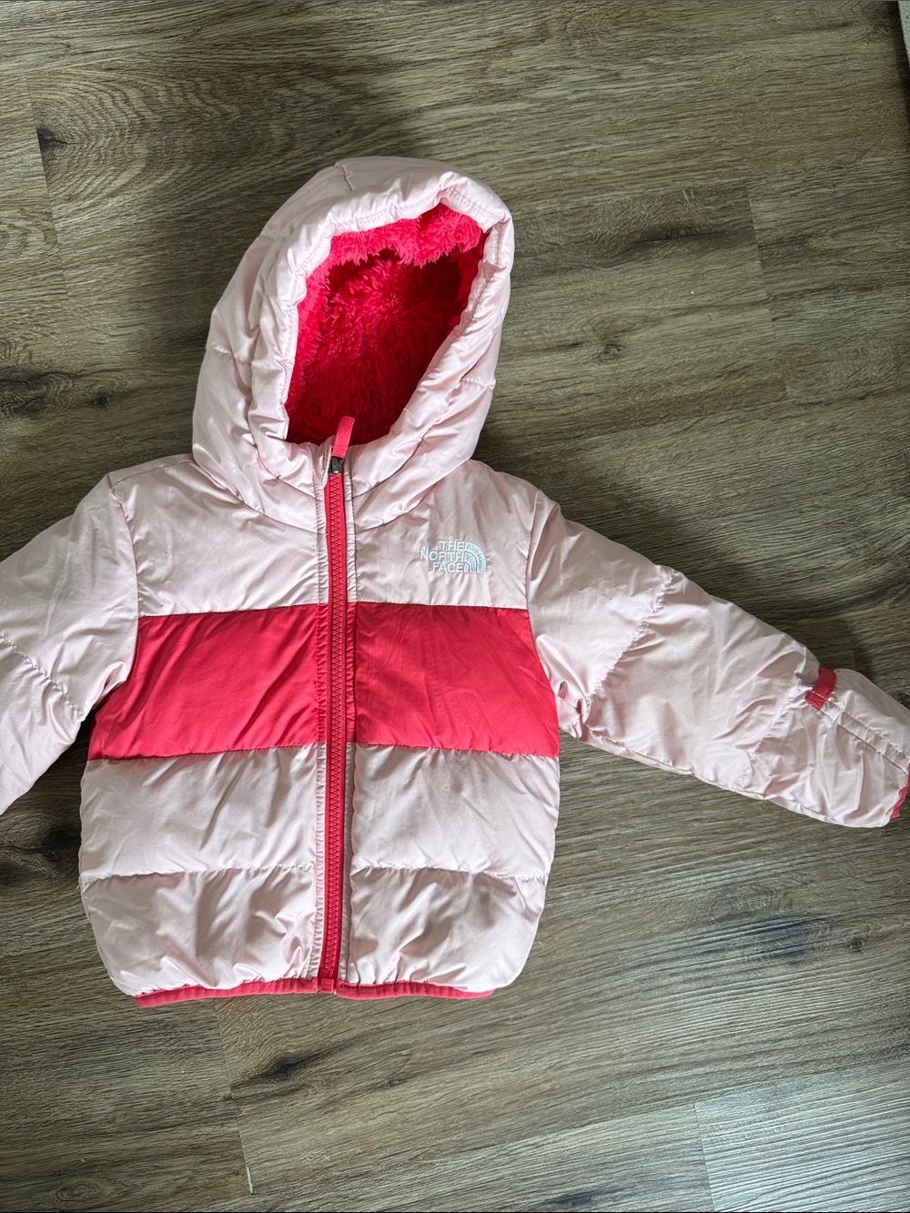 The North Face Girls' Light Pink and Coral Puffer Jacket with Hood - Picture 2 of 3